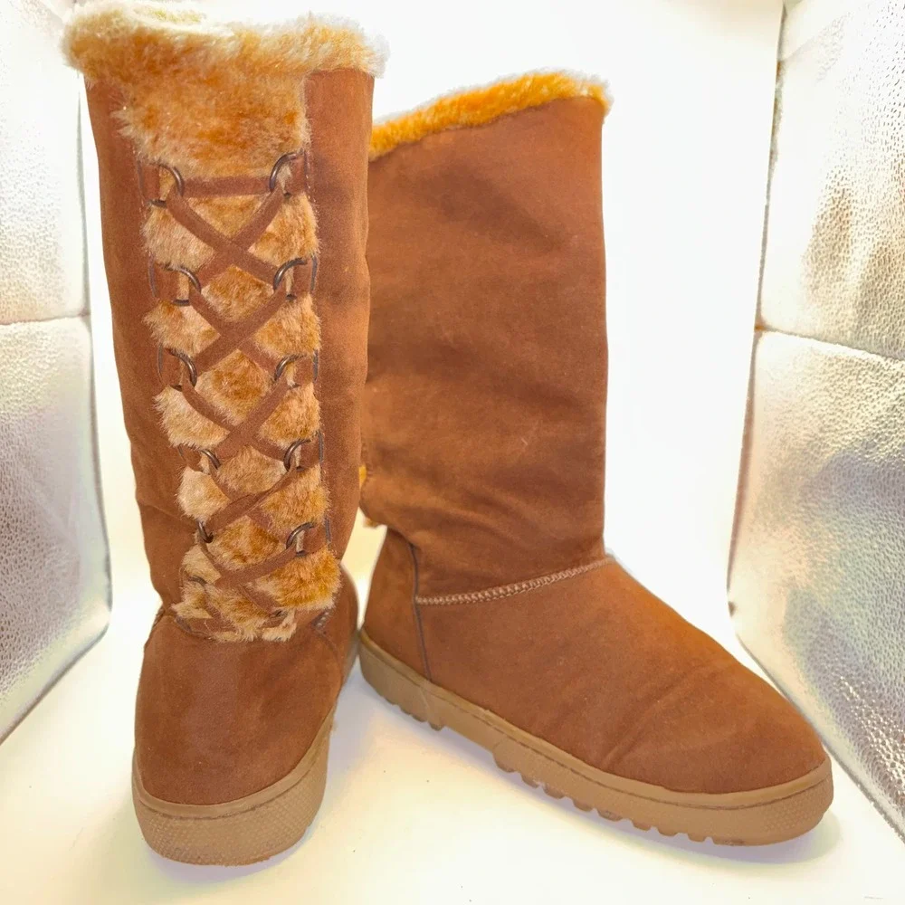Rampage Adalina Women 6.5‎ Brown Faux Suede Fur Lined Back Lace Up Winter Boots